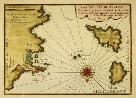 Sicily west end and aegadian islands in a French old map of 1730のeditorial素材
