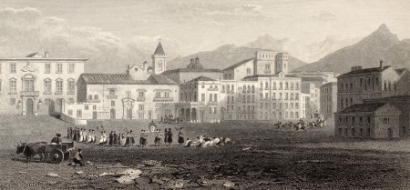 Antique illutration of Piazza Marina, Palermo, Italy. Original engraving was created by Dewint and J. Byrne and was published in London in 1823のeditorial素材