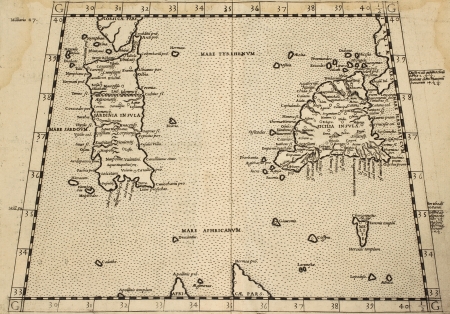 Sicily and Sardinia old map from old atlas. Datable to second half of 16th c. のeditorial素材