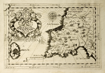 Old map of Capuchins province of Syracuse in Sicily. The map may be dated to the 17th c. and includes also Malta islandのeditorial素材