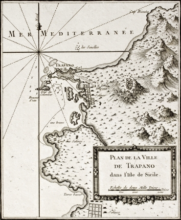An old map of Trapani and surrounding territories. The original map was created by Bellin and was pubblished  around 1760のeditorial素材