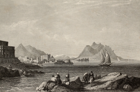 Antique engraving showing a view of Gulf of Palermo, Italy. The original illustration may be dated to the half of 19th c. (Aus d. Kunstanst, d. Bibliogr. Inst in Hildburgh â Eigenthum der Verleger)のeditorial素材