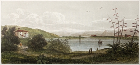 Lake Ganzirri old view , near messina, Sicily. Created by De Wint and Wallis, printed by McQueen, publ. in London, 1821. Ed. on Sicilian Scenery, Rodwell and Martins, London, 1823のeditorial素材