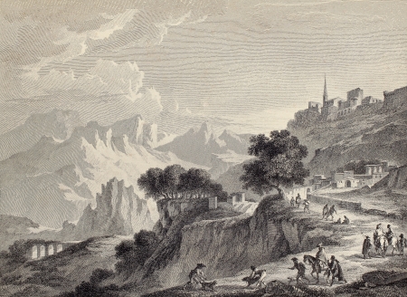 View of Leonforte surroundings, near Enna, Sicily. Created by Chatelet and Mathieu, published on Voyage Pittoresque de Naples et de Sicilie, by J. C. R. de Saint Non, Impr. de Clousier, Paris, 1786のeditorial素材