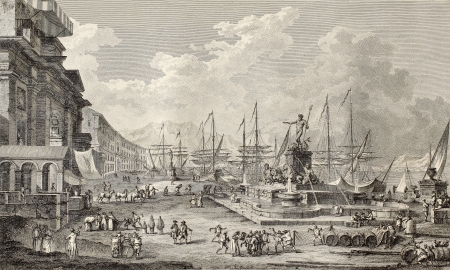 Old illustration of port of Messina. By Desprez, Duplessis-Berteaux and Desquauvilliers, published on Voyage Pittoresque de Naples et de Sicilie,  J. C. R. de Saint Non, Impr. de Clousier, Paris, 1786のeditorial素材