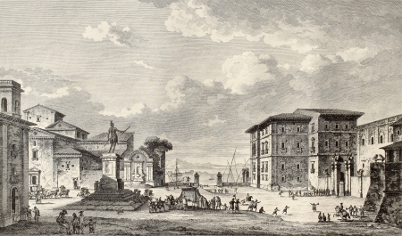 Old view of Royal square in Messina, Sicily. By Desprez and De Ghendt, published on Voyage Pittoresque de Naples et de Sicilie,  J. C. R. de Saint Non, Impr. de Clousier, Paris, 1786のeditorial素材