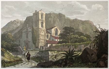 Santa Croce church old view, near Messina, Sicily. Created by De Wint and Cooke, printed by McQueen, publ. in London, 1821. Ed. on Sicilian Scenery, Rodwell and Martins, London, 1823のeditorial素材
