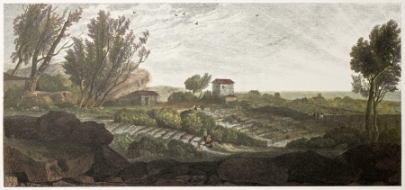 Syracuse Greek theatre ruins old view, Sicily. Created by De Wint and Radclyffe, printed by McQueen, publ. in London, 1821. Ed. on Sicilian Scenery, Rodwell and Martins, London, 1823のeditorial素材