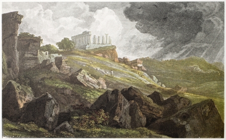 Temple of Juno old view, Agrigento, Sicily. Created by De Wint and Westwood, printed by McQueen,...