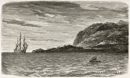 Cape Tiburon, Haiti, old view. Created by De Berard after the Pilote des Antilles,, published on le Tour du Monde, Paris, 1860のeditorial素材