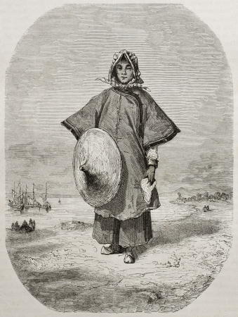 Old illustration of a Chinese boatman. Created by Dorè after Trevise, published on Le Tour du Monde, Paris, 1860のeditorial素材