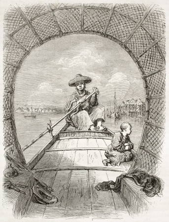Chinese oarsman on his boat, old illustration. Created by Dore after Trevise, published on Le Tour du Monde, Paris, 1860 のeditorial素材