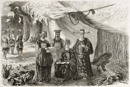 Old illustration of Cochinchina emperor and his ministers in traditional costumes. Created by Therond, published on Le Tour du Monde, Paris, 1960のeditorial素材