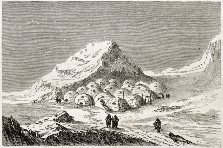 Old illustration of an Eskimo settlement. Created by Lancelot, published on Le Tour du Monde, Paris, 1960のeditorial素材