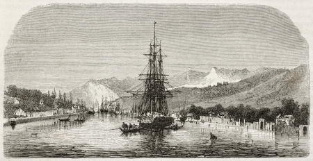 Old view of Gravosa anchorage, Dalmatia. Created by Lejean, published on Le Tour du Monde, Paris, 1960のeditorial素材