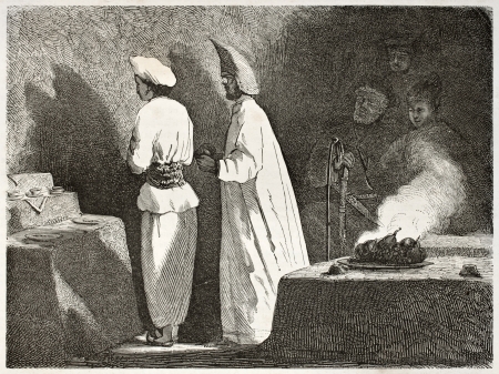 Guebre ceremony in Ateshgah temple in Baku, Georgia. Created by Moynet, published on Le Tour du Monde, Paris, 1860 のeditorial素材