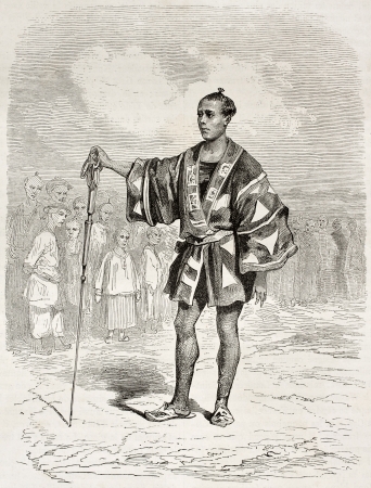 Japanese cityl policeman in Yedo (Tokio), old illustration. Created by Dore after Trevise, published on Le Tour du Monde, Paris, 1860 のeditorial素材