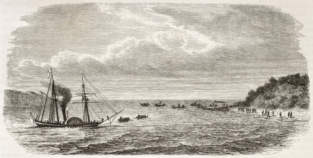 Steamer landing in Grand Andaman island, Indian ocean. Created by De Bar after Mallitte, published on Le Tour du Monde, Paris, 1860 のeditorial素材