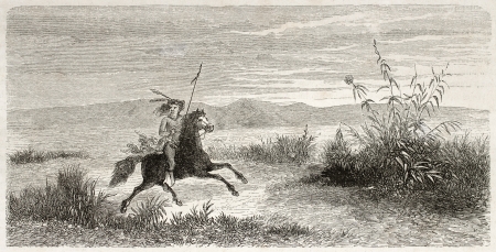 Old illustration of Mohave native American riding. Created by Lancelot after report made under the direction of the U.S. secretary of the war. Published on Le Tour du Monde, Paris, 1860のeditorial素材