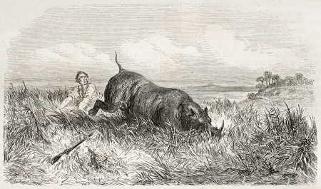 Rhinoceros and hunter in the savannah, old illustration. Created by Dore after Anderson, published on Le Tour du Monde, Paris, 1860 のeditorial素材
