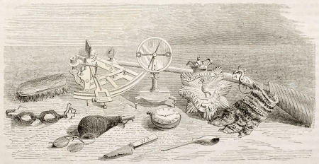 Old illustration of John Franklin expedition objects found after disaster. Created by Lancelot, published on Le Tour du Monde, Paris, 1960のeditorial素材
