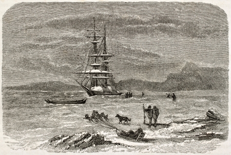 Old illustration of a ship wintering in Bellot strait. Created by Valentin, published on Le Tour du Monde, Paris, 1960のeditorial素材