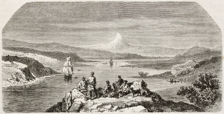 Old view of the gulf of Yedo entrance (Tokyo). Created by Jules Noel after Tronson, published on Le Tour du Monde, Paris, 1860のeditorial素材