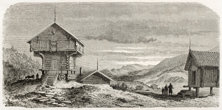Bamble chalet old illustration,  Telmark, Norway. Created by Lancelot after Riant, published on Le Tour du Monde, Paris, 1860  のeditorial素材