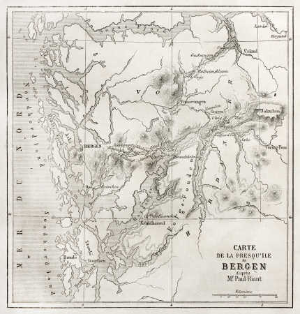 Bergen peninsula old map. Created by Vuillemin and Erhard, published on Le Tour du Monde, Paris, 1860  のeditorial素材