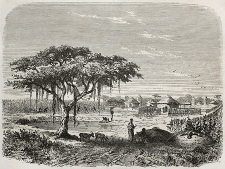 Central African village old illustration, Created by Rouargue after Barth, published on Le Tour du Monde, Paris, 1860のeditorial素材