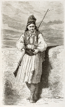 Albanian Epistates soldier old engraved portrait. Created by Viellevieille after Proust, published on Le Tour du Monde, Paris, 1860  のeditorial素材