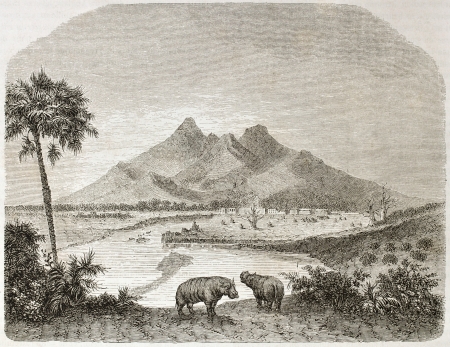 Landscape in the former Fazogli region, southern Egipt. Created by Lancelot after Russegger, published on Le Tour du Monde, Paris, 1860.のeditorial素材