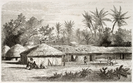 Kaouele village old view, Tanzania. Created by Lavieille after Burton, published on Le Tour du Monde, Paris, 1860.のeditorial素材