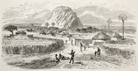 Marghi village old illustration, central Africa. Created by Rouargue after Barth, published on Le Tour du Monde, Paris, 1860のeditorial素材