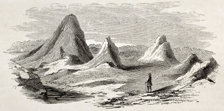 Volcanic cones old illustration, Minbo plain Burma. Created by Yule, published on Le Tour du Monde, Paris, 1860のeditorial素材