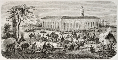 Nerchinsk bazaar old illustration. Created by Adam after Rechberg, published on Le Tour du Monde, Paris, 1860のeditorial素材