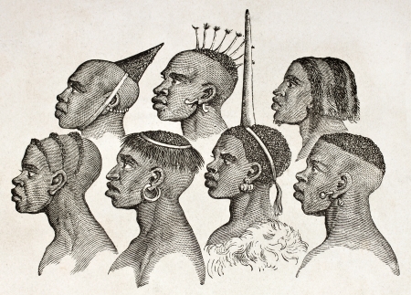 Ounyanyembe people hairstyles old illustration (Tanzania). By unidentified author, published on Le Tour du Monde, Paris, 1860.のeditorial素材
