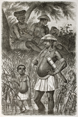Ousumboua people old illustration, eastern Africa. Created by Boulanger and Gauchard, published on Le Tour du Monde, Paris, 1860.のeditorial素材