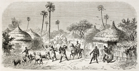 Raid in central African village, old illustration. Created by Rouargue after Barth, published on Le Tour du Monde, Paris, 1860のeditorial素材
