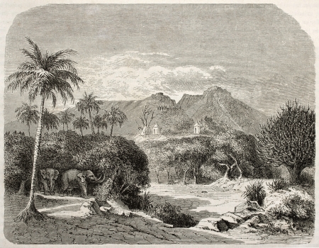 Shilluk region near Sabot river, old view, Southern Sudan. Created by Lancelot after Russegger, published on Le Tour du Monde, Paris, 1860 のeditorial素材