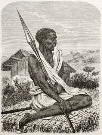 Ugandan man old engraved portrait. Created by Boulanger after Burton, published on Le Tour du Monde, Paris, 1860 のeditorial素材