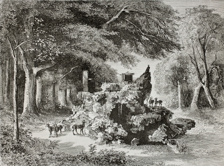Old illustration of antelopes enclosure in Beijing British legation park. Created by Lancelot, published on Le Tour du Monde, Paris, 1864のeditorial素材