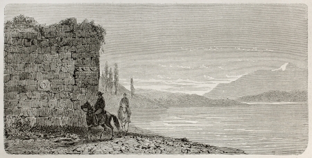 Old illustration of Apollonya ad Ryndacum walls ruins and the lake of the same name. Old Mysia region, nowadays Turkey. Created by Gaiaud, published on Le Tour du Monde, Paris, 1864のeditorial素材