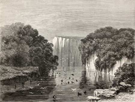 Old illustration of Canari pond, Peru. Created by Riou, published on Le Tour du Monde, Paris, 1864のeditorial素材