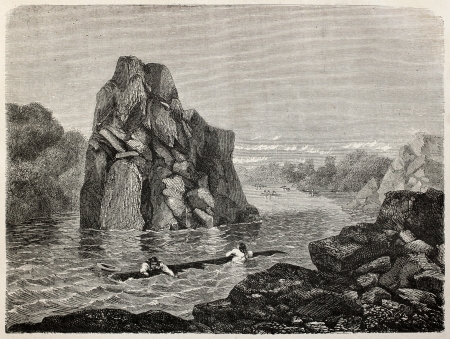 Old illustration o canoe wreck in a Peruvian river. Created by Riou and Laplante, published on Le Tour du Monde, Paris, 1864のeditorial素材
