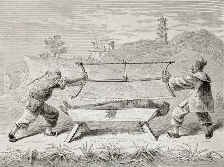 Old illustration of a terrifying Chinese torture for parricides. Created by Bayard after Treves, published on Le Tour du Monde, Paris, 1864のeditorial素材