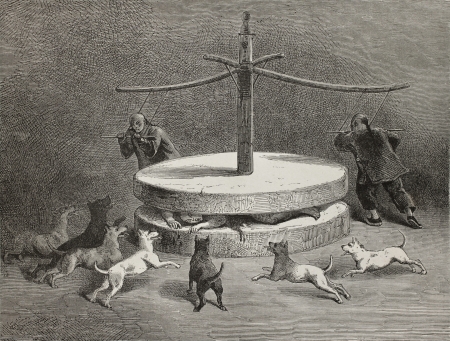 Antique illustration of a terrifying Chinese torture instrument. Created by Bayard after sketch of Treves, published on Le Tour du Monde, Paris, 1864のeditorial素材