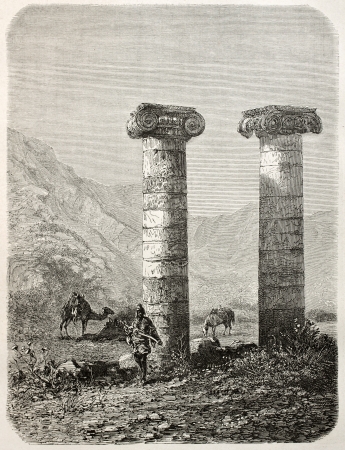 Old illustration of Cybele temple columns in Sardis, Aegean region, Turkey. Created by Gaiaud, published on Le Tour du Monde, Paris, 1864のeditorial素材