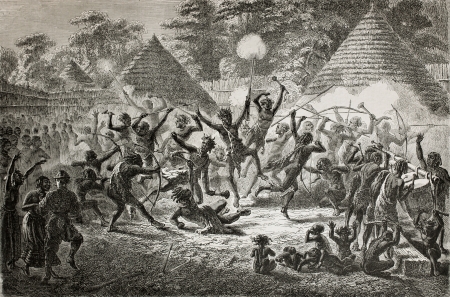 Old illustration of famous explorer James Augustus Grant taking part in a tribal dance in Ugandan village. Created by Fuchs, published on Le Tour du Monde, Paris, 1864のeditorial素材