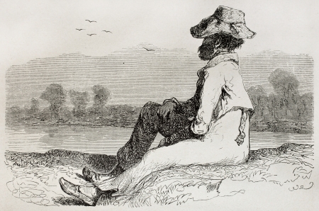 Old illustration of man watching landscape. Created by Riou, published on Le Tour du Monde, Paris, 1864のeditorial素材